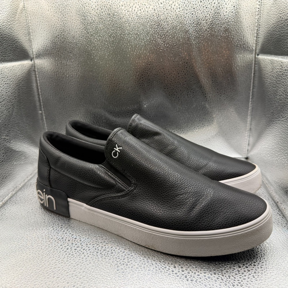 Size 12 Calvin Klein Black Tumbled Leather Mens‎ Ryor Slip On Sneakers CMRYOR2